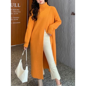 Stylish Long Sleeves Split-Front Solid Color High-Neck Sweater Tops