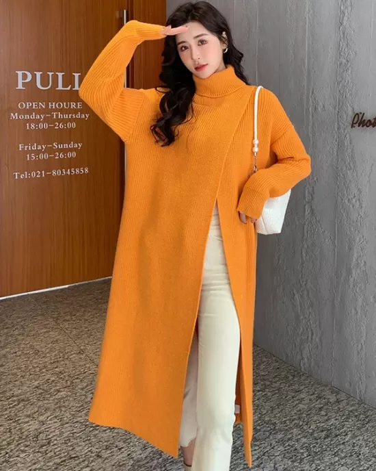 Stylish Long Sleeves Split-Front Solid Color High-Neck Sweater Tops