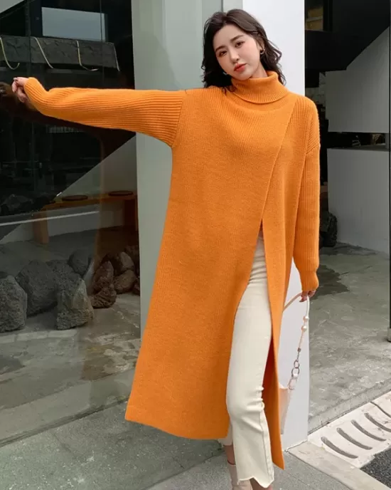 Stylish Long Sleeves Split-Front Solid Color High-Neck Sweater Tops