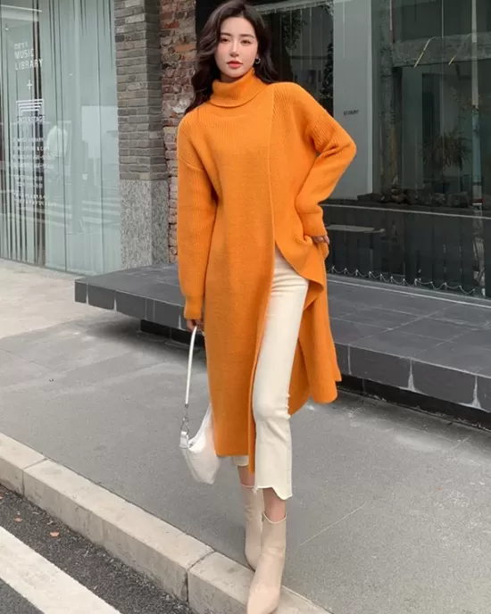 Stylish Long Sleeves Split-Front Solid Color High-Neck Sweater Tops