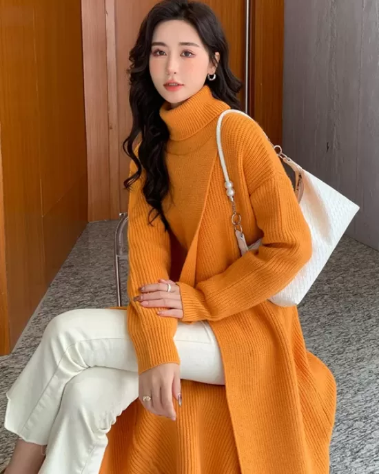 Stylish Long Sleeves Split-Front Solid Color High-Neck Sweater Tops