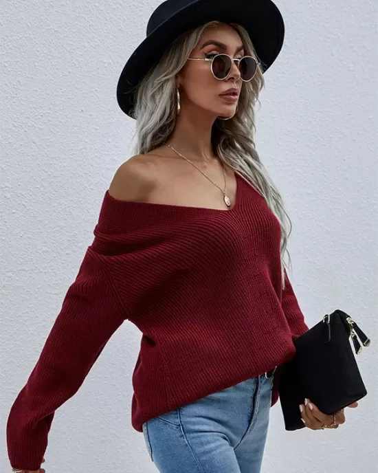 Casual Loose Solid Color V-Neck Sweater Tops