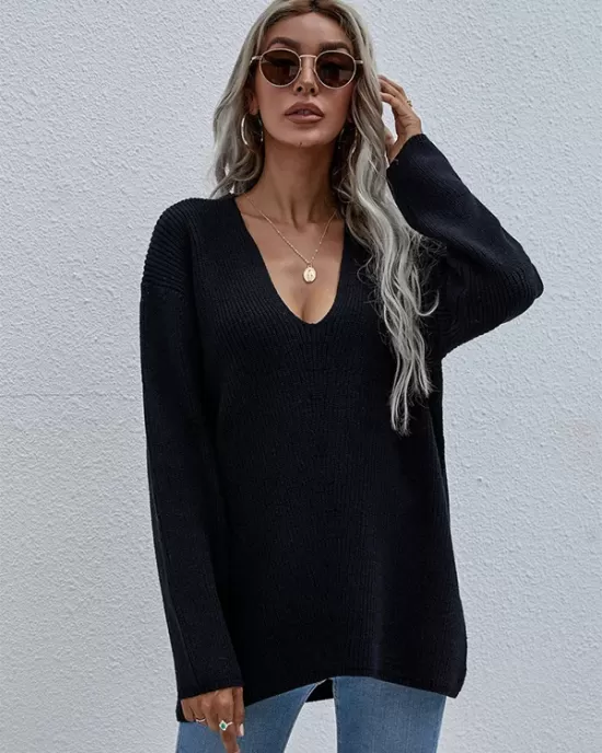 Casual Loose Solid Color V-Neck Sweater Tops