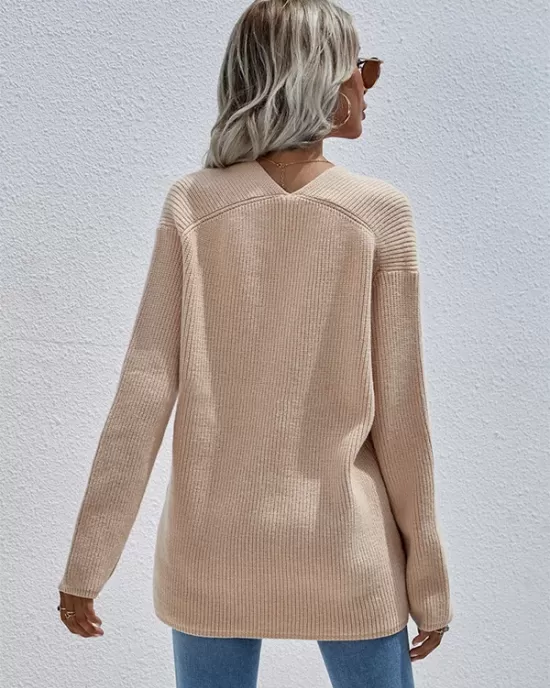 Casual Loose Solid Color V-Neck Sweater Tops