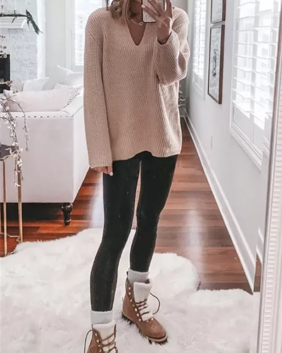 Casual Loose Solid Color V-Neck Sweater Tops