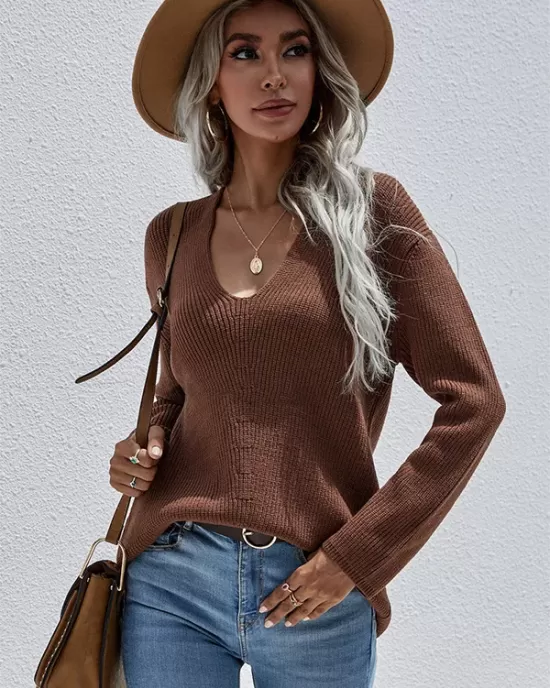 Casual Loose Solid Color V-Neck Sweater Tops