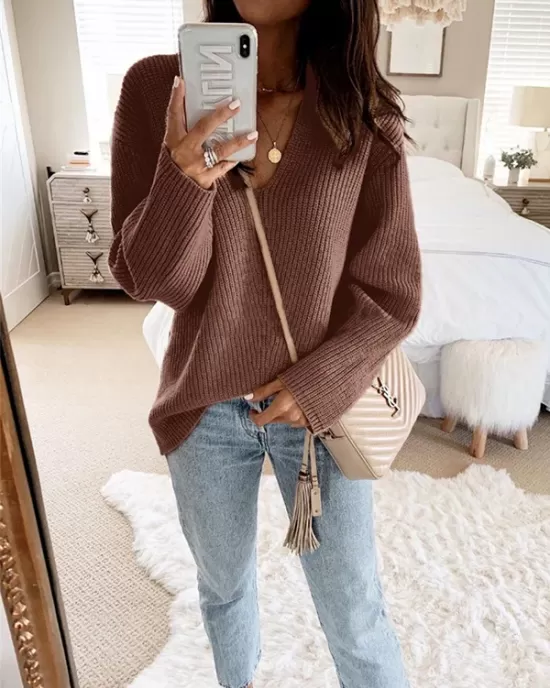 Casual Loose Solid Color V-Neck Sweater Tops