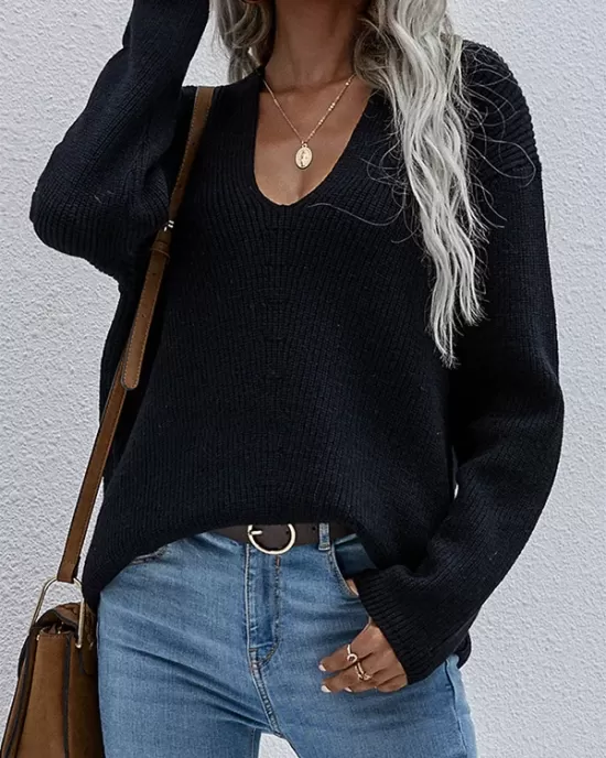 Casual Loose Solid Color V-Neck Sweater Tops