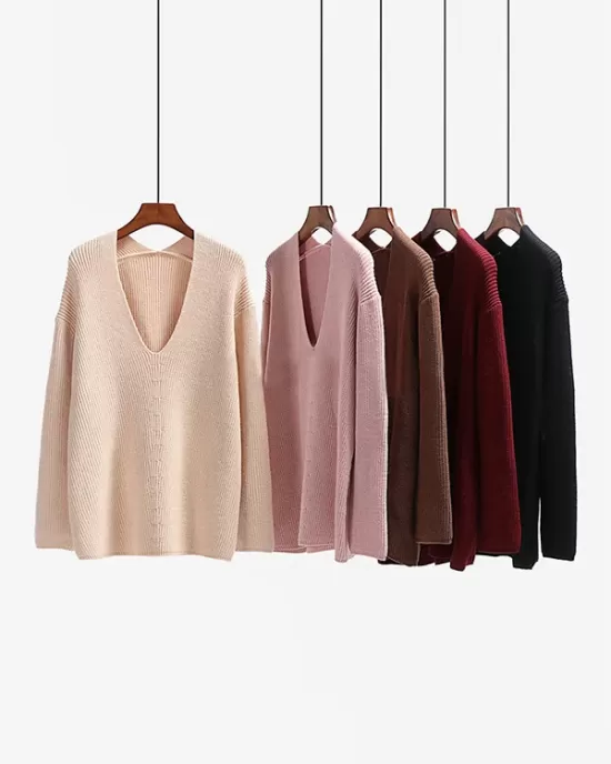 Casual Loose Solid Color V-Neck Sweater Tops