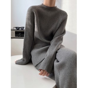 Urban Loose Solid Round-Neck Split-Side Sweater& Wide Leg Pants Suits