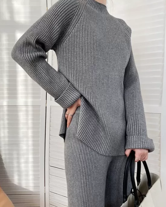 Urban Loose Solid Round-Neck Split-Side Sweater& Wide Leg Pants Suits