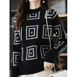 Casual Long Sleeves Loose Contrast Color Plaid Stand Collar Sweater Tops