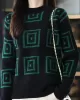 Casual Long Sleeves Loose Contrast Color Plaid Stand Collar Sweater Tops