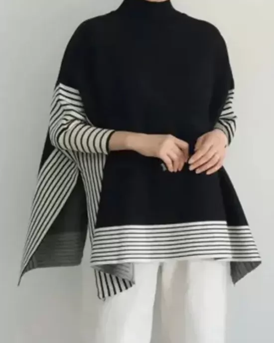 Split-Joint Split-Side Striped Batwing Sleeves Loose High Neck Sweater