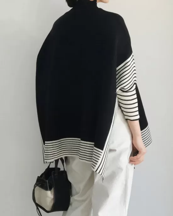 Split-Joint Split-Side Striped Batwing Sleeves Loose High Neck Sweater