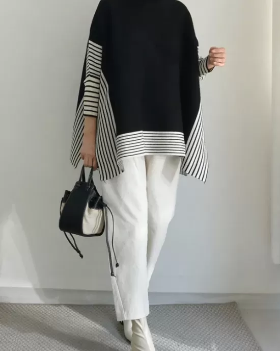 Split-Joint Split-Side Striped Batwing Sleeves Loose High Neck Sweater