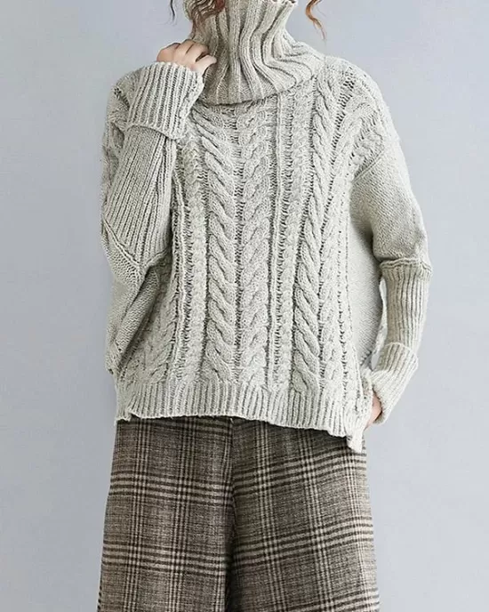 Cable- Knit High-neck Solid Loose Sweater