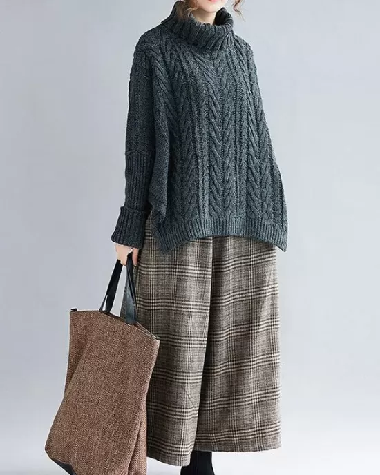 Cable- Knit High-neck Solid Loose Sweater