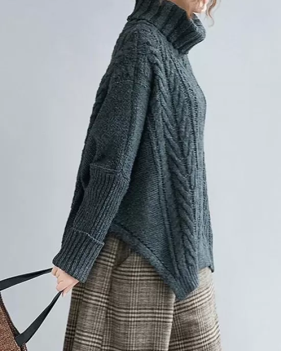 Cable- Knit High-neck Solid Loose Sweater