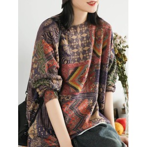 Ethnic Style Round Neck Print Sweater