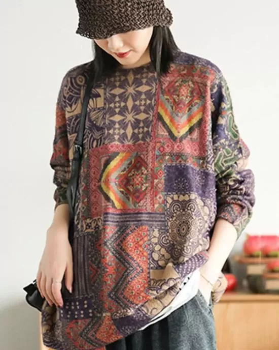 Ethnic Style Round Neck Print Sweater