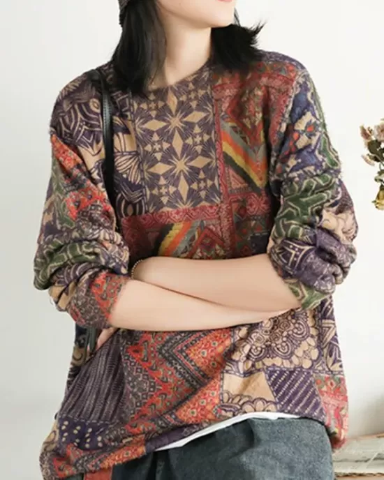 Ethnic Style Round Neck Print Sweater