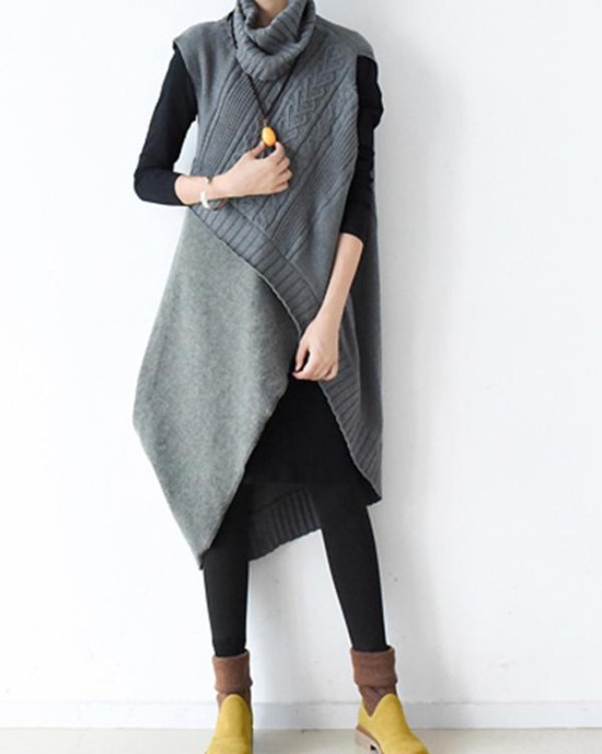 Casual Vintage Knitting High-Neck Sleeveless Dress