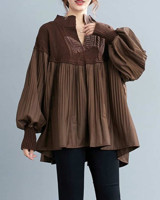 Stylish Knitting Split-Joint Puff Sleeve Shirt Pullover Top