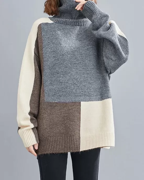 Stylish Split-Joint High-Neck Knitting Sweater