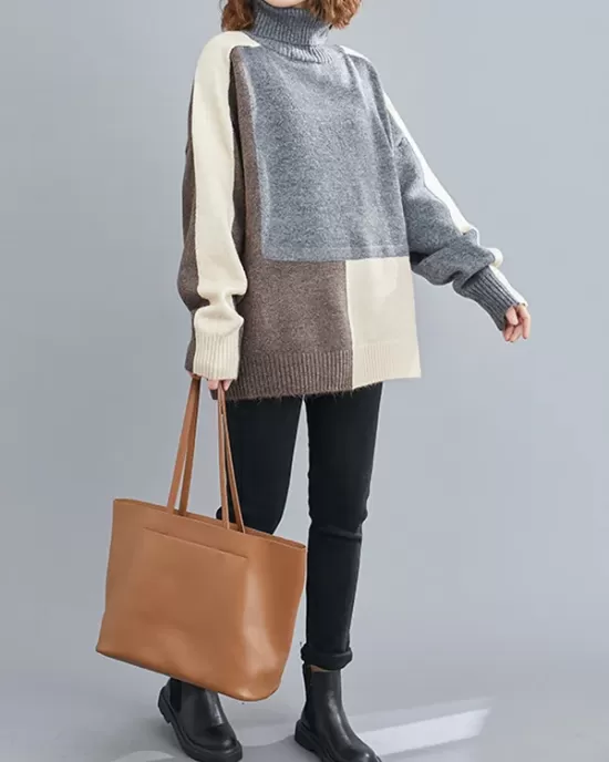 Stylish Split-Joint High-Neck Knitting Sweater