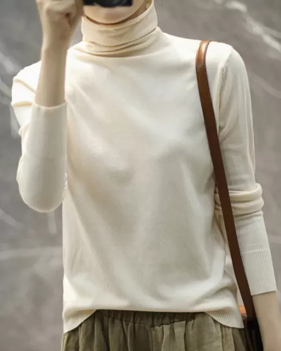 Solid Color Heaps Collar Long Sleeve Knitwear Tops