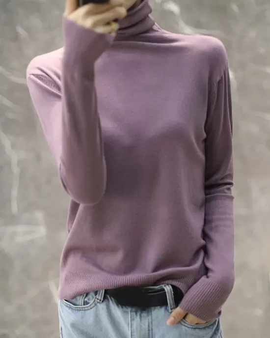 Solid Color Heaps Collar Long Sleeve Knitwear Tops