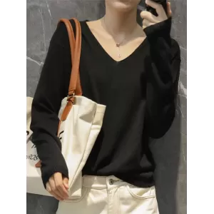 Simple Solid Color V-Neck Long Sleeve Knitwear Tops