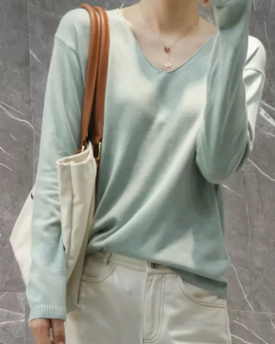 Simple Solid Color V-Neck Long Sleeve Knitwear Tops