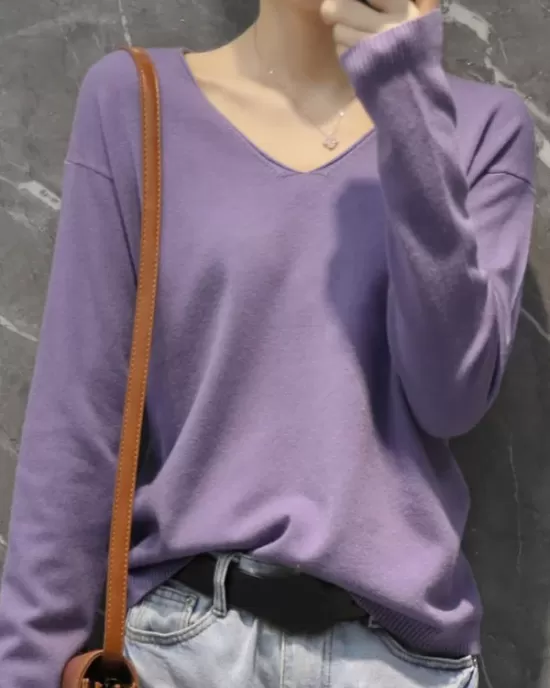 Simple Solid Color V-Neck Long Sleeve Knitwear Tops