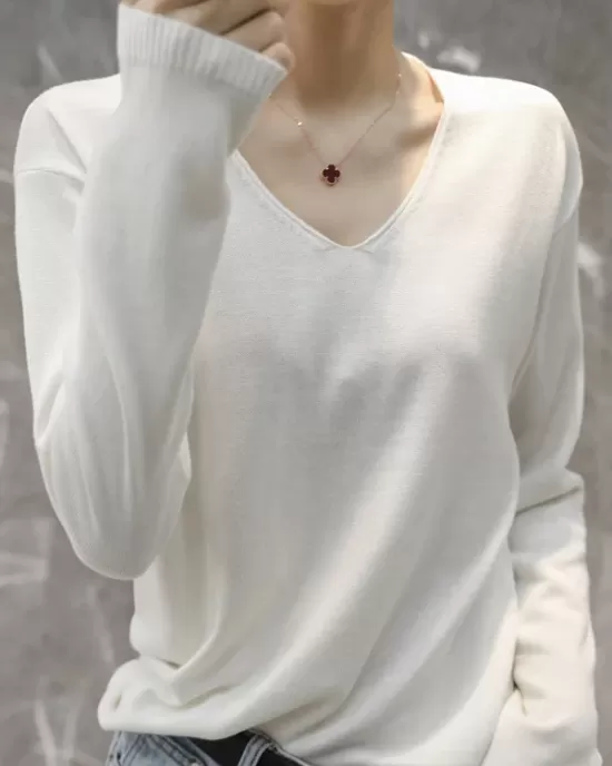 Simple Solid Color V-Neck Long Sleeve Knitwear Tops