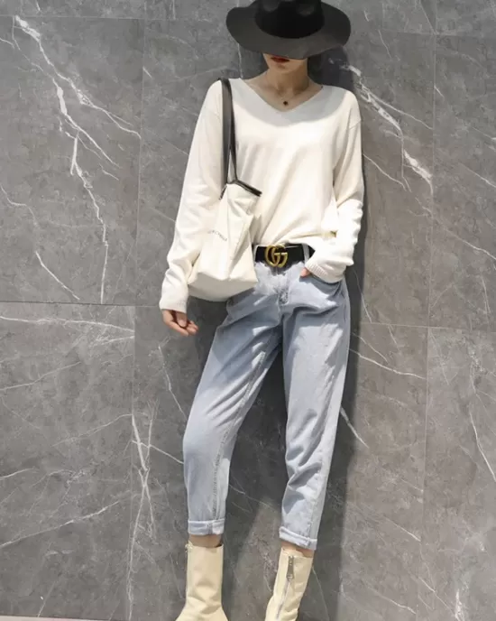 Simple Solid Color V-Neck Long Sleeve Knitwear Tops