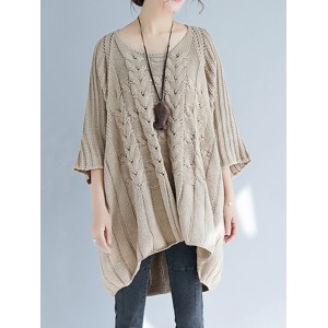 Vintage Loose Solid Color Round-Neck Batwing Half Sleeves Knitting Sweater