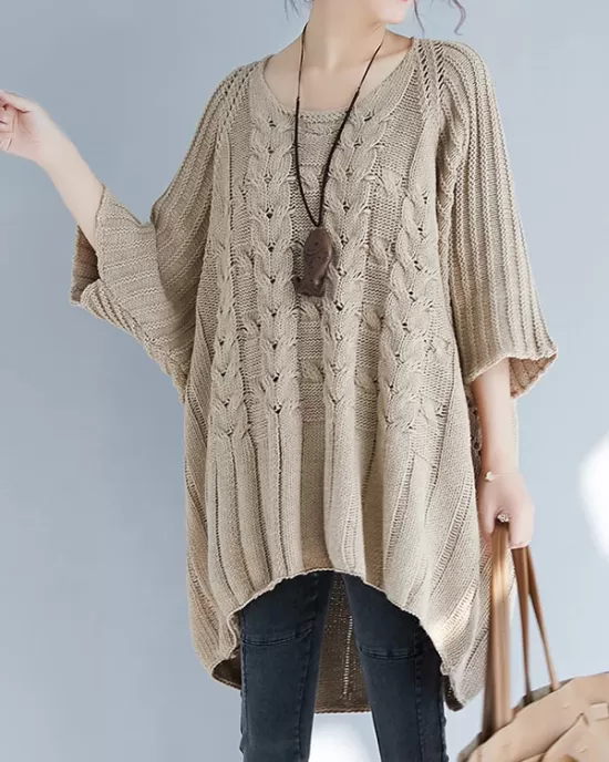 Vintage Loose Solid Color Round-Neck Batwing Half Sleeves Knitting Sweater