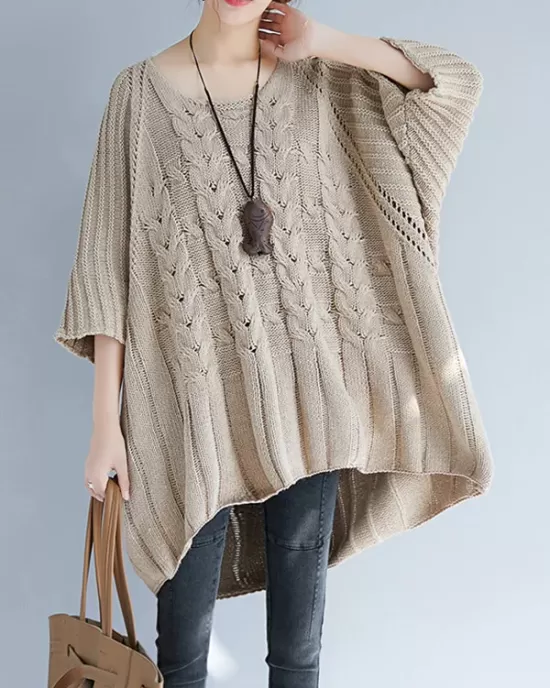 Vintage Loose Solid Color Round-Neck Batwing Half Sleeves Knitting Sweater