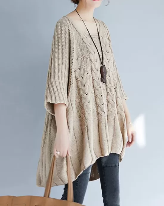 Vintage Loose Solid Color Round-Neck Batwing Half Sleeves Knitting Sweater