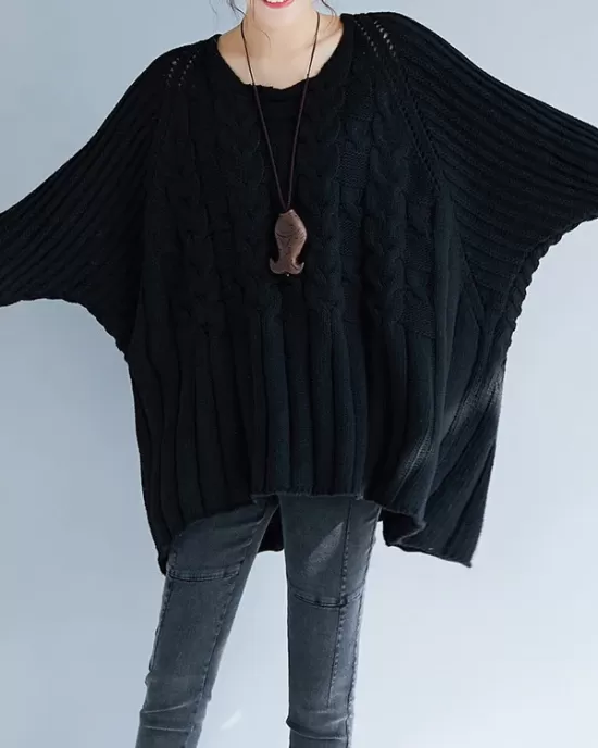 Vintage Loose Solid Color Round-Neck Batwing Half Sleeves Knitting Sweater