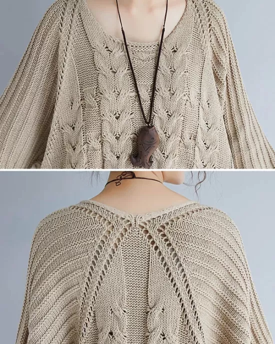 Vintage Loose Solid Color Round-Neck Batwing Half Sleeves Knitting Sweater