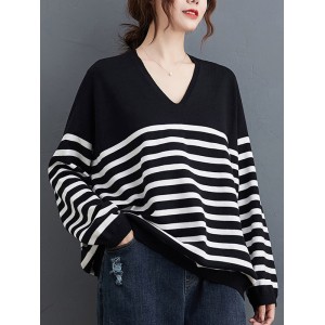 Artistic Retro Casual Loose Striped V-Neck Long Sleeves Knitted Sweater