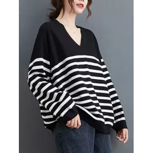 Artistic Retro Casual Loose Striped V-Neck Long Sleeves Knitted Sweater