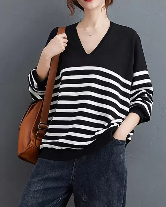 Artistic Retro Casual Loose Striped V-Neck Long Sleeves Knitted Sweater