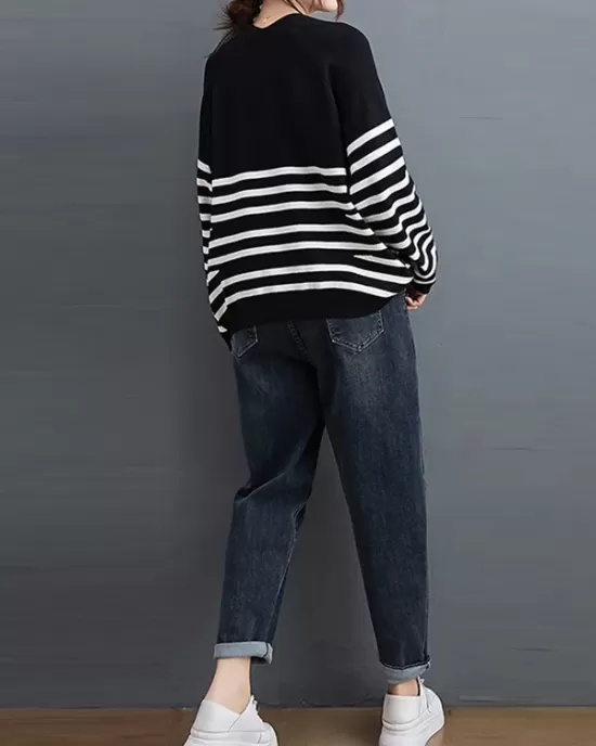 Artistic Retro Casual Loose Striped V-Neck Long Sleeves Knitted Sweater