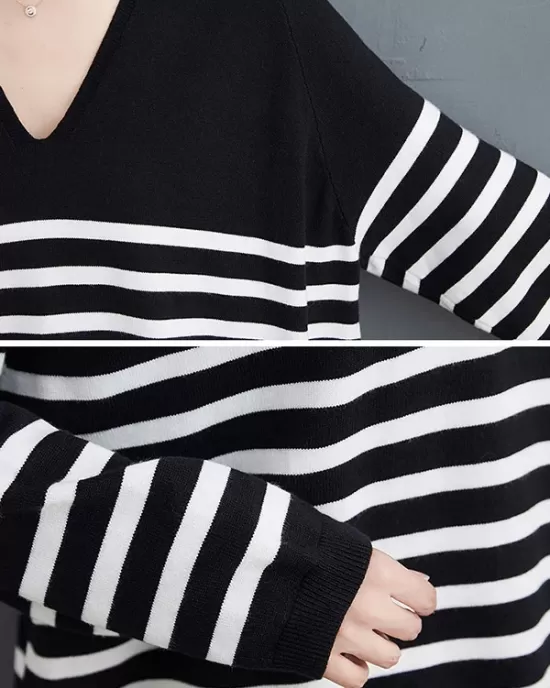 Artistic Retro Casual Loose Striped V-Neck Long Sleeves Knitted Sweater