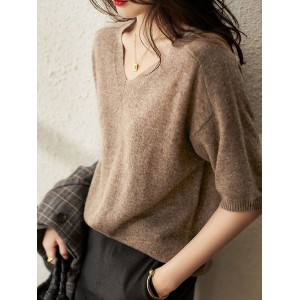 Urban Solid Color V-Neck Knitting Pullover