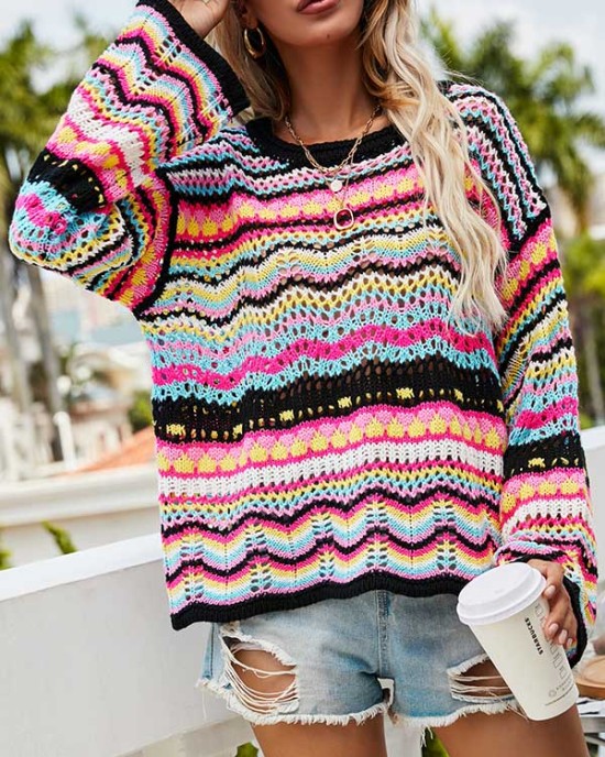 4 Colors Loose Contrast Color Round-Neck Sweater Top